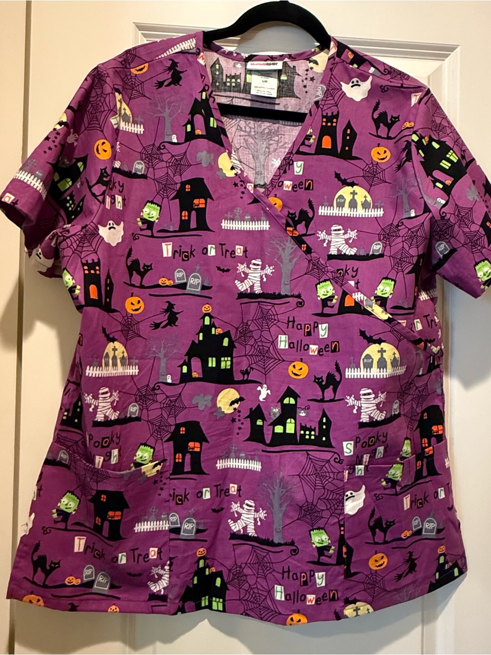 Scrubstar Women's L/G Purple Halloween Print Cotton V-Neck Scrub Top